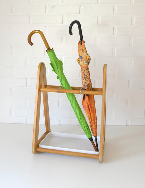 Vintage Beech Wood Umbrella Stand: Scandinavian Mid Century Modern Entryway