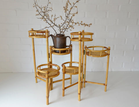 Vintage Bamboo Plant Stand Set, 1970s Boho Tiered Folding Stand