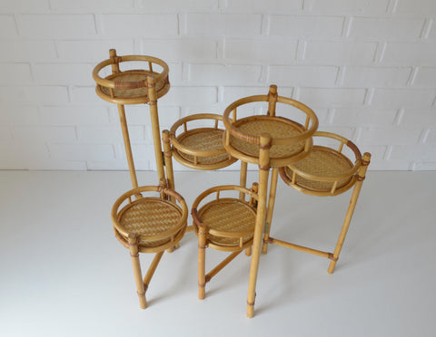 Vintage Bamboo Plant Stand Set, 1970s Boho Tiered Folding Stand