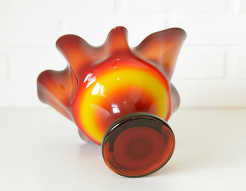 Vintage Red Blown Glass Swung Vase: Mid Century Modern Fruit Bowl