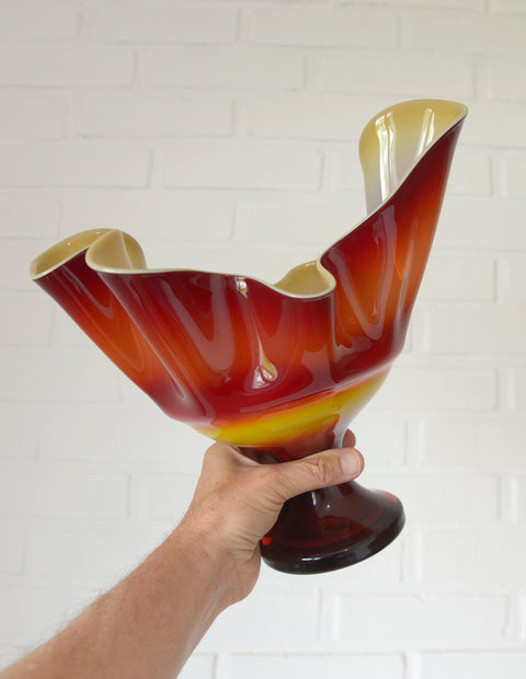 Vintage Red Blown Glass Swung Vase: Mid Century Modern Fruit Bowl