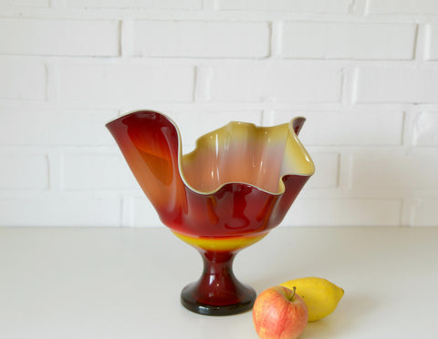 Vintage Red Blown Glass Swung Vase: Mid Century Modern Fruit Bowl