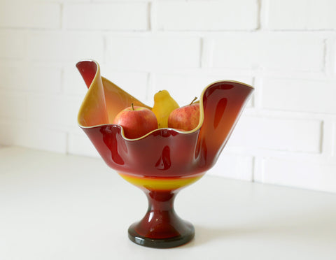Vintage Red Blown Glass Swung Vase: Mid Century Modern Fruit Bowl