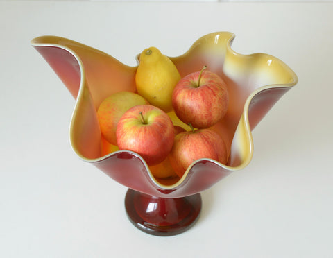 Vintage Red Blown Glass Swung Vase: Mid Century Modern Fruit Bowl