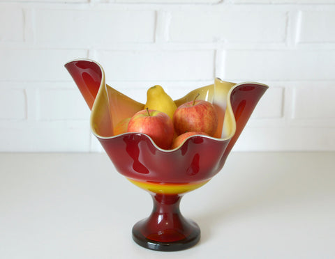 Vintage Red Blown Glass Swung Vase: Mid Century Modern Fruit Bowl