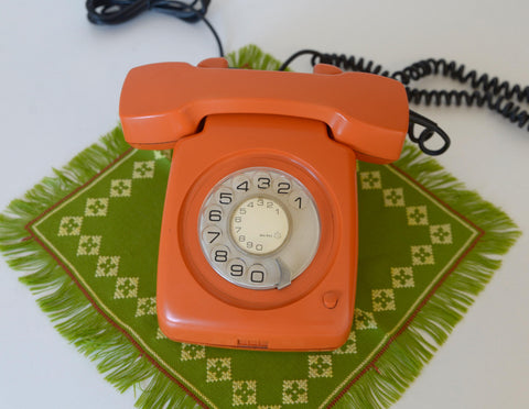 Vintage Orange Rotary Telephone: Mid-Century Modern Office Decor