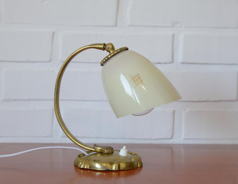 Antique Art Deco Bedside Lamp: Hand Blown Glass, Brass Table Light