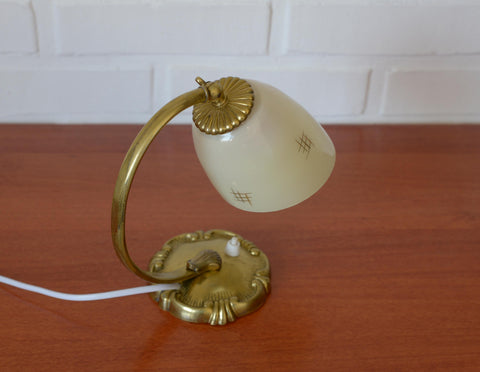 Antique Art Deco Bedside Lamp: Hand Blown Glass, Brass Table Light