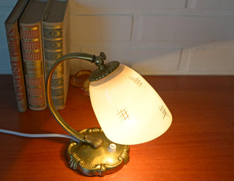 Antique Art Deco Bedside Lamp: Hand Blown Glass, Brass Table Light