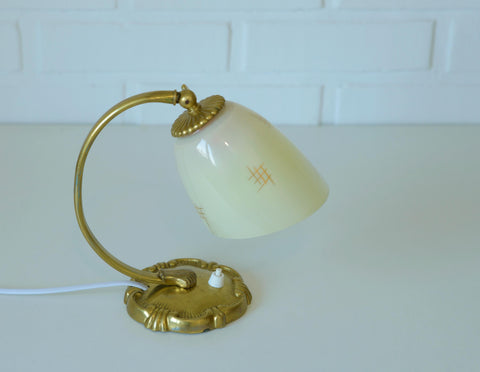 Antique Art Deco Bedside Lamp: Hand Blown Glass, Brass Table Light
