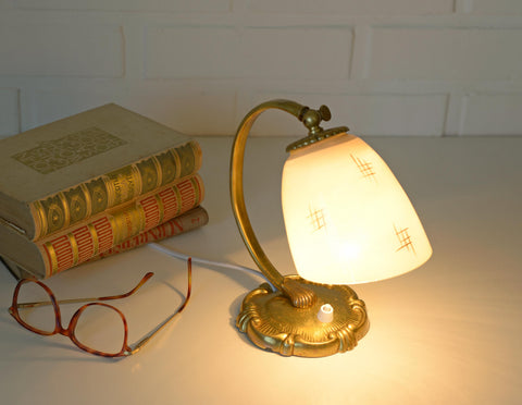 Antique Art Deco Bedside Lamp: Hand Blown Glass, Brass Table Light