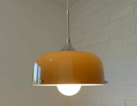 Vintage Meblo Harvey Guzzini Pendant Light: MCM Coffee Color Plastic Ceiling Lamp