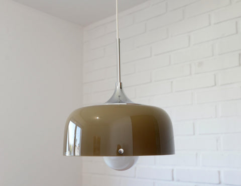 Vintage Meblo Harvey Guzzini Pendant Light: MCM Coffee Color Plastic Ceiling Lamp