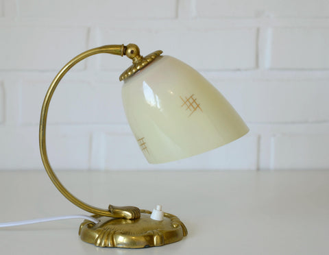 Antique Art Deco Bedside Lamp: Hand Blown Glass, Brass Table Light