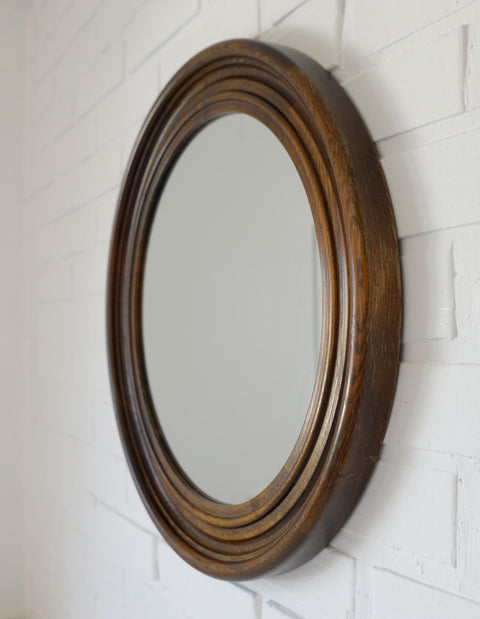 Large Vintage Oak Wood Wall Mirror: Hand-Carved Rustic Vanity Mirror