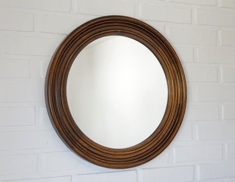 Large Vintage Oak Wood Wall Mirror: Hand-Carved Rustic Vanity Mirror