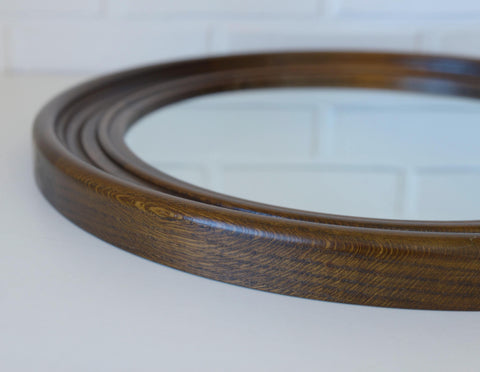 Large Vintage Oak Wood Wall Mirror: Hand-Carved Rustic Vanity Mirror