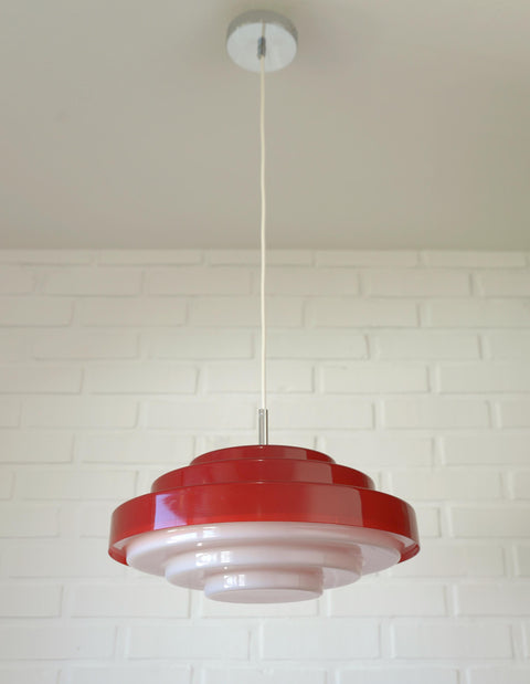 Vintage Red Plastic Pendant Lamp: Scandinavian Mid Century Modern Lighting