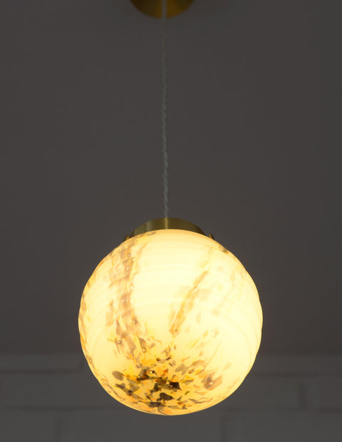 Art Deco Marbled Glass Pendant Lamp, Brushed Brass Fixture