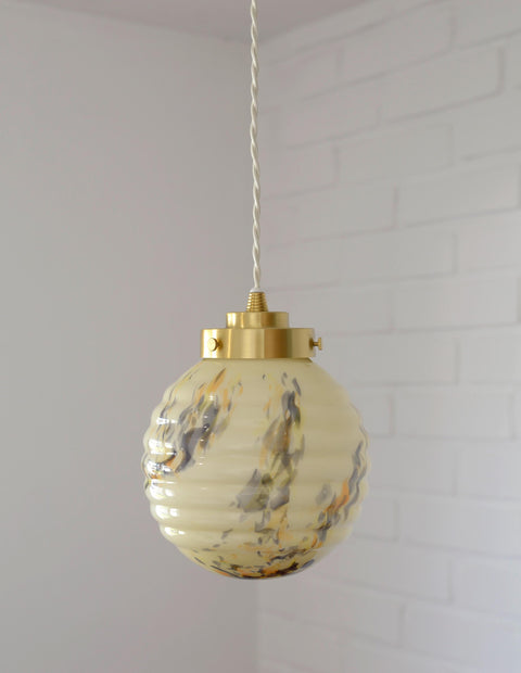 Art Deco Marbled Glass Pendant Lamp, Brushed Brass Fixture