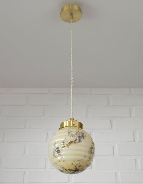 Art Deco Marbled Glass Pendant Lamp, Brushed Brass Fixture