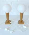 Vintage Wood Bedside Lamps, Handmade Glass Globe Desk Lamps, Yugoslavia 1960s (Pair)