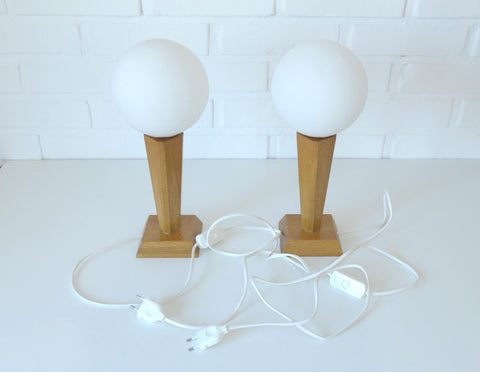 Vintage Wood Bedside Lamps, Handmade Glass Globe Desk Lamps, Yugoslavia 1960s (Pair)