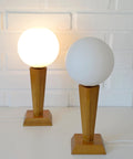 Vintage Wood Bedside Lamps, Handmade Glass Globe Desk Lamps, Yugoslavia 1960s (Pair)