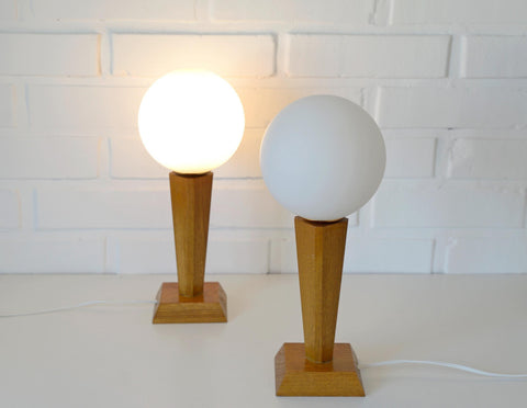 Vintage Wood Bedside Lamps, Handmade Glass Globe Desk Lamps, Yugoslavia 1960s (Pair)
