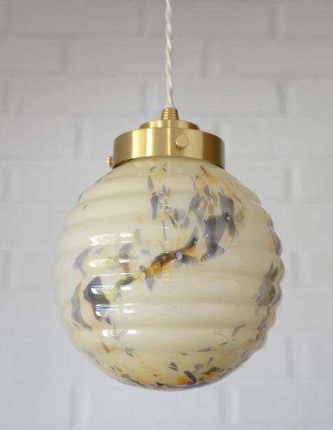 Art Deco Marbled Glass Pendant Lamp, Brushed Brass Fixture