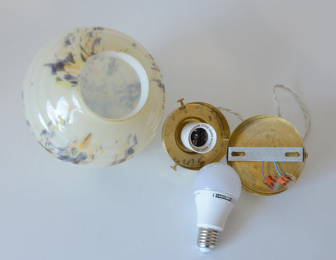 Art Deco Marbled Glass Pendant Lamp, Brushed Brass Fixture