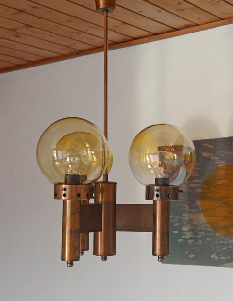 Vintage Copper Pendant Light / Mid Century Rustic Hanging Lamp / Brutalist Chandelier / Yugoslavia 1970's