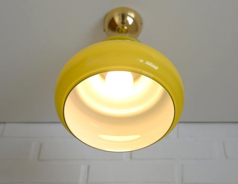 Vintage Avocado Green Glass Pendant Lamp / Semi Flush Mount / Hanging Light / Chandelier, Yugoslavia 1970's