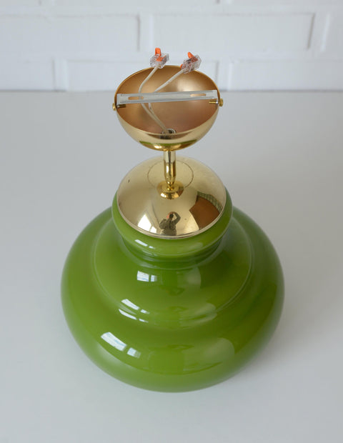 Vintage Avocado Green Glass Pendant Lamp / Semi Flush Mount / Hanging Light / Chandelier, Yugoslavia 1970's