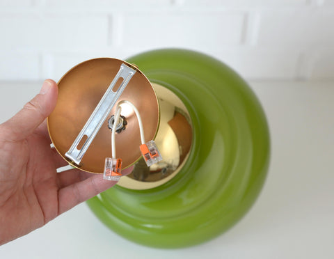 Vintage Avocado Green Glass Pendant Lamp / Semi Flush Mount / Hanging Light / Chandelier, Yugoslavia 1970's