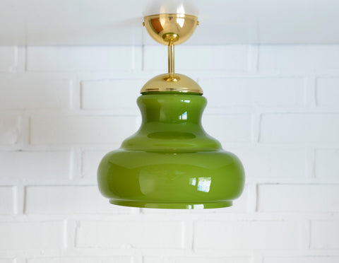 Vintage Avocado Green Glass Pendant Lamp / Semi Flush Mount / Hanging Light / Chandelier, Yugoslavia 1970's
