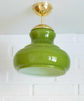 Vintage Avocado Green Glass Pendant Lamp / Semi Flush Mount / Hanging Light / Chandelier, Yugoslavia 1970's