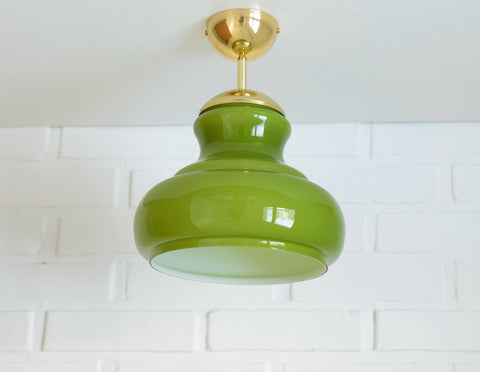 Vintage Avocado Green Glass Pendant Lamp / Semi Flush Mount / Hanging Light / Chandelier, Yugoslavia 1970's