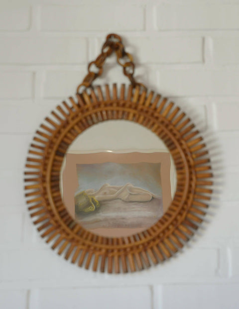 Vintage Bamboo Sunburst Wall Mirror / Mid Century Boho Decor 1970's