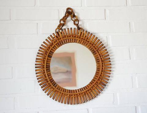 Vintage Bamboo Sunburst Wall Mirror / Mid Century Boho Decor 1970's