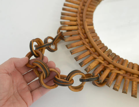 Vintage Bamboo Sunburst Wall Mirror / Mid Century Boho Decor 1970's