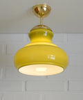 Vintage Avocado Green Glass Pendant Lamp / Semi Flush Mount / Hanging Light / Chandelier, Yugoslavia 1970's