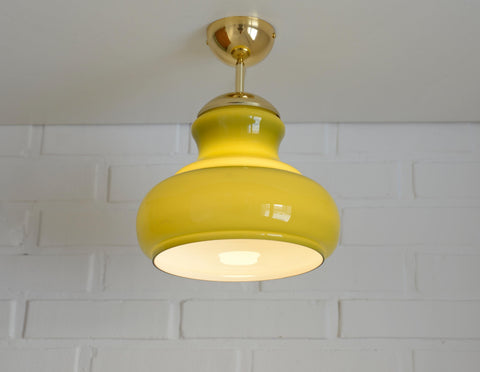 Vintage Avocado Green Glass Pendant Lamp / Semi Flush Mount / Hanging Light / Chandelier, Yugoslavia 1970's
