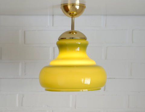 Vintage Avocado Green Glass Pendant Lamp / Semi Flush Mount / Hanging Light / Chandelier, Yugoslavia 1970's