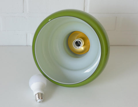 Vintage Avocado Green Glass Pendant Lamp / Semi Flush Mount / Hanging Light / Chandelier, Yugoslavia 1970's