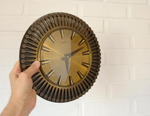 Vintage Brass Wall Clock / West Germany 1960's / Atomic Sunburst Clock