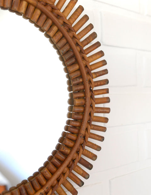 Vintage Bamboo Sunburst Wall Mirror / Mid Century Boho Decor 1970's