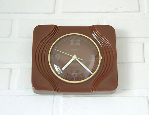 Vintage Brown Ceramic Wall Clock: Mid Century Retro Decor