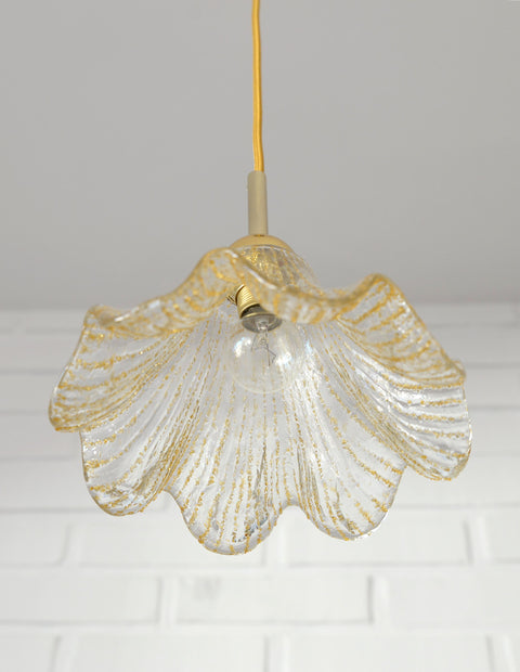 Vintage Gold Pendant Light / Murano Glass Hanging Lamp / Redesign Hand Blown Glass Lighting / Italy 1980's