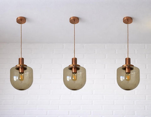 1/3 Vintage Hand Blown Smoked Glass Pendant Light / Retro Copper Bar Lamps / Mid Century Modern 1970's